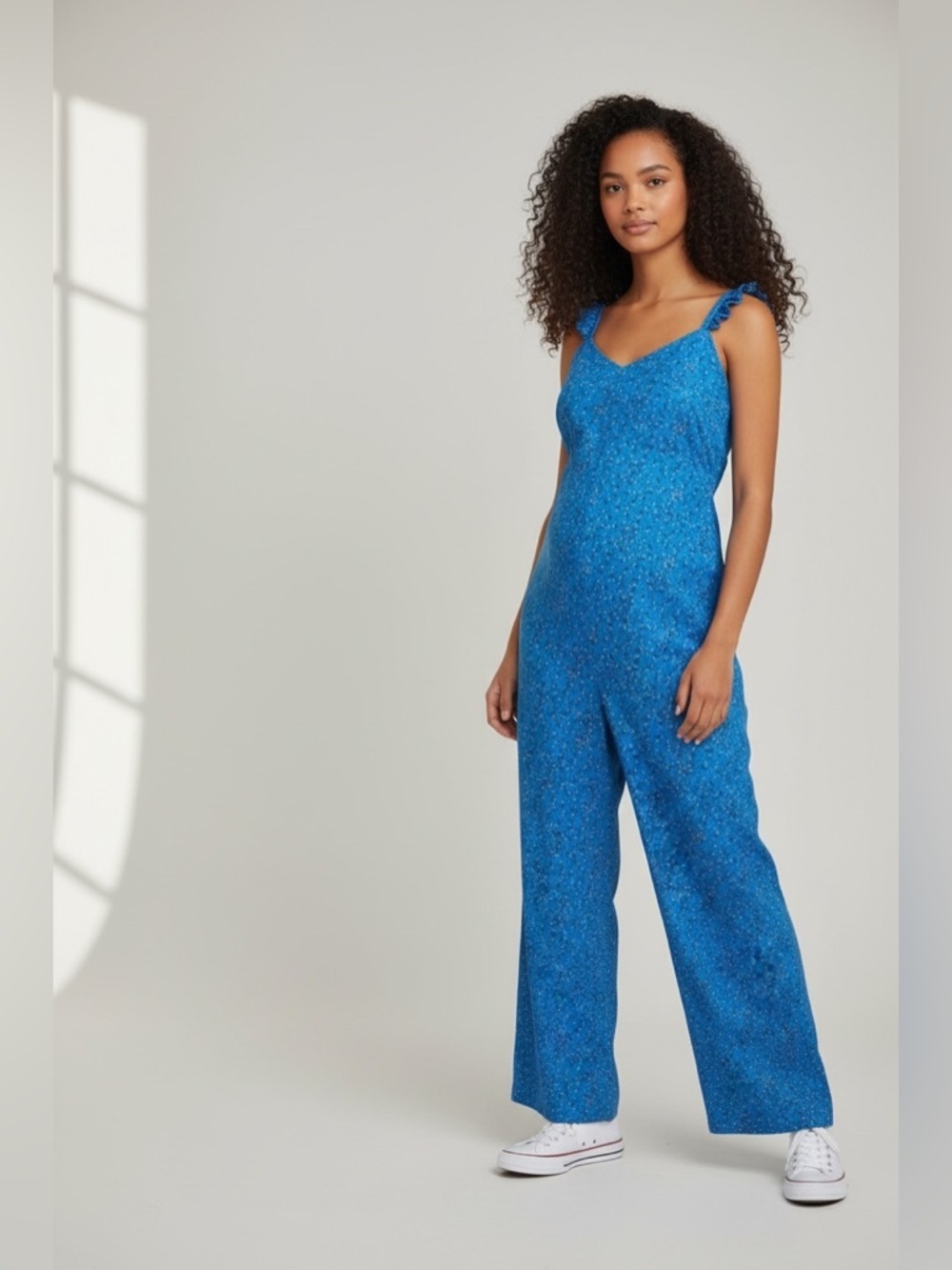 Hatch Daphne Blue Floral Ruffle Strap Sleeveless Maternity Jumpsuit Size 3 L/XL